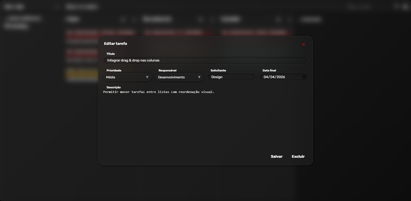 Modal de edição de tarefa em 31 de Março de 2026